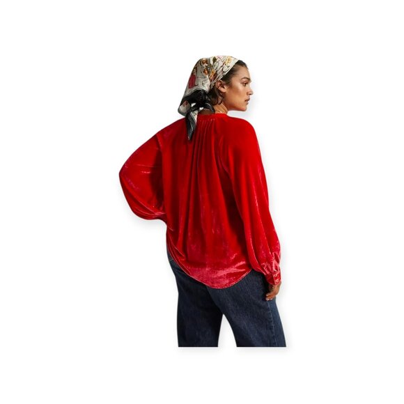 Anthropologie Pilcro Mara Cherry Red Velvet Button Down Top Size Small - Picture 3 of 11